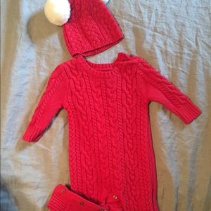 BABY GAP Red Knitted Romper with Matching Hat